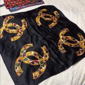CHANEL Black Silk Scarf with Gold and Multicolor Accents